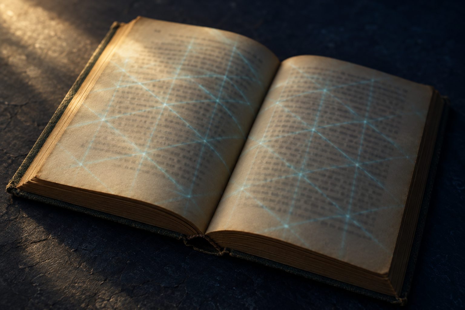 An open antique book on a dark surface with a faint geometric pattern of light across its pages